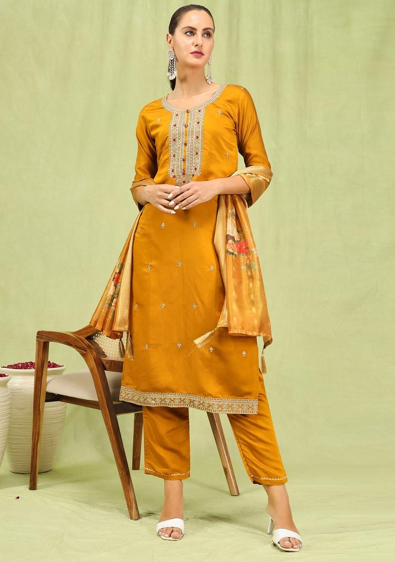Mustard Yellow Embroidered Viscose Salwar Kameez With Dupatta