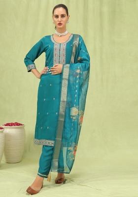 Rama Blue Embroidered Viscose Salwar Kameez With Dupatta