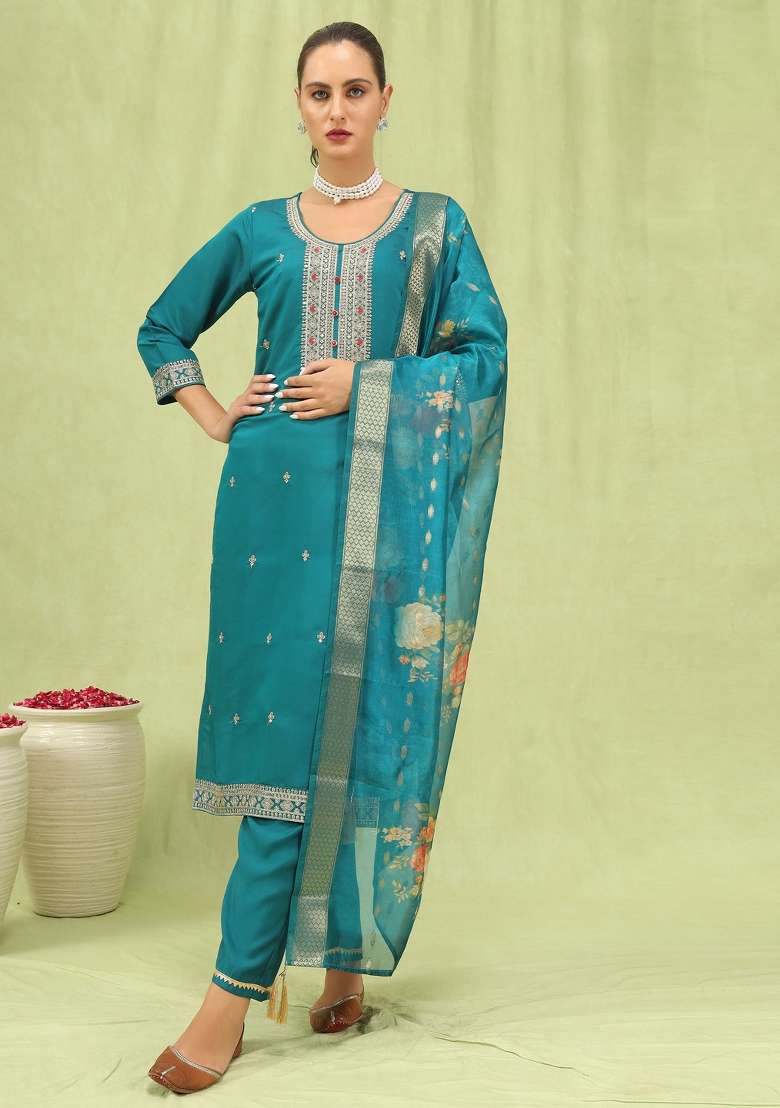 Rama Blue Embroidered Viscose Straight Kurta Set - Indya