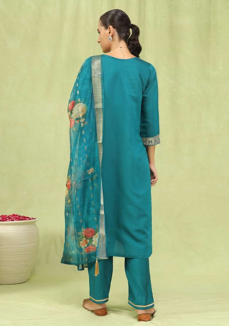 Rama Blue Embroidered Viscose Straight Kurta Set - Indya