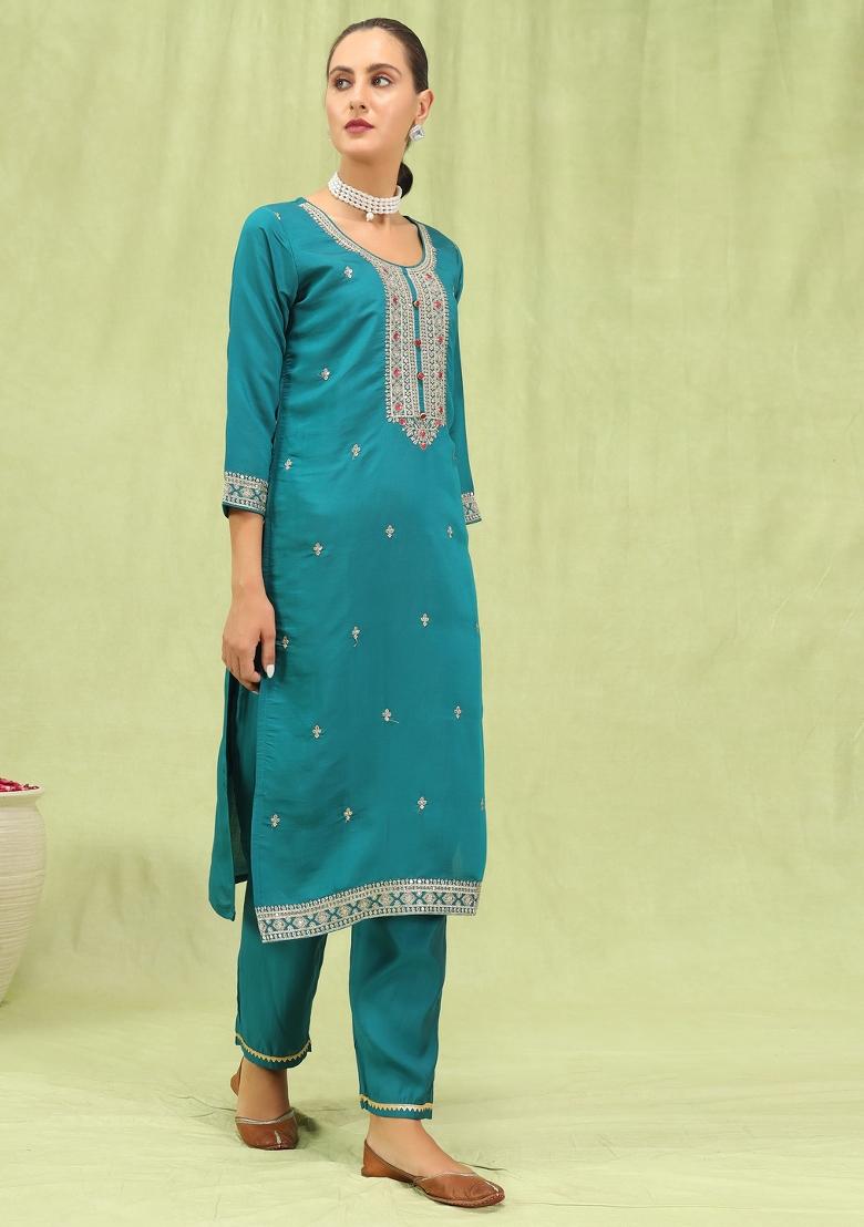 Rama Blue Embroidered Viscose Salwar Kameez With Dupatta