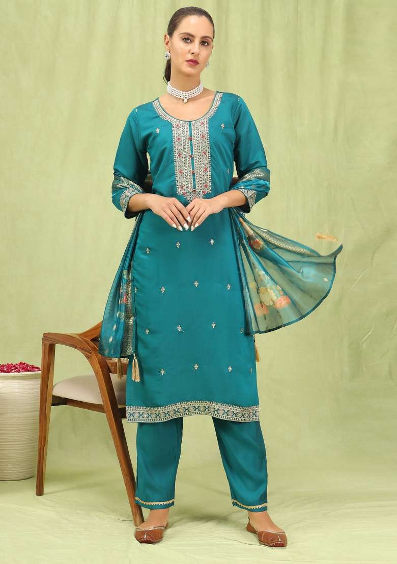 Rama Blue Embroidered Viscose Straight Kurta Set - Indya