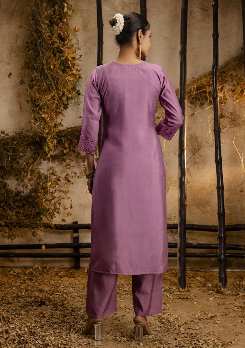 Lavender Embroidered Viscose Salwar Kameez With Dupatta