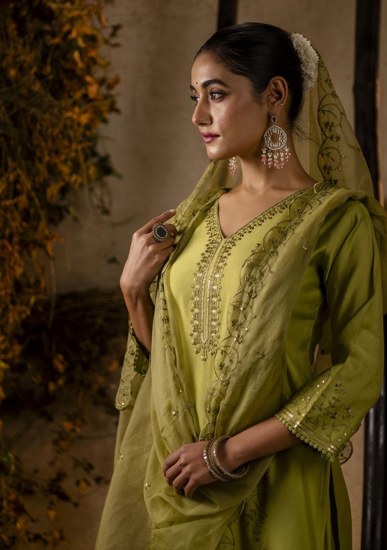 Mehendi Green Embroidered Viscose Salwar Kameez With Dupatta