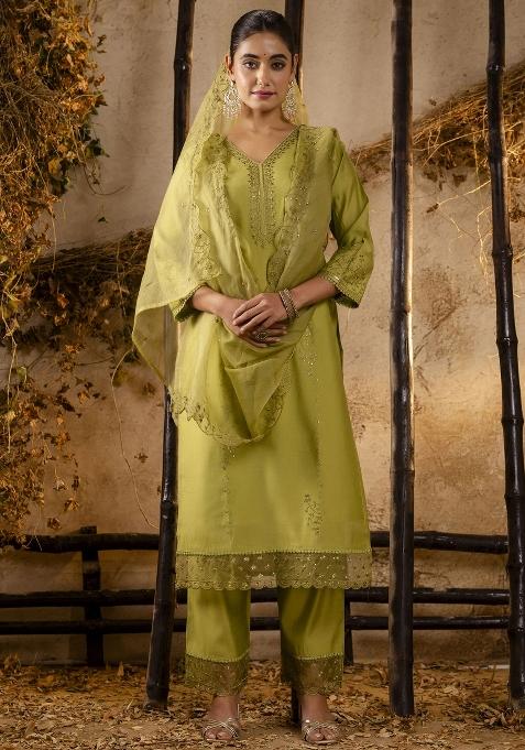 Mehendi Green Embroidered Viscose Salwar Kameez With Dupatta