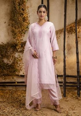 Pink Embroidered Viscose Salwar Kameez With Dupatta
