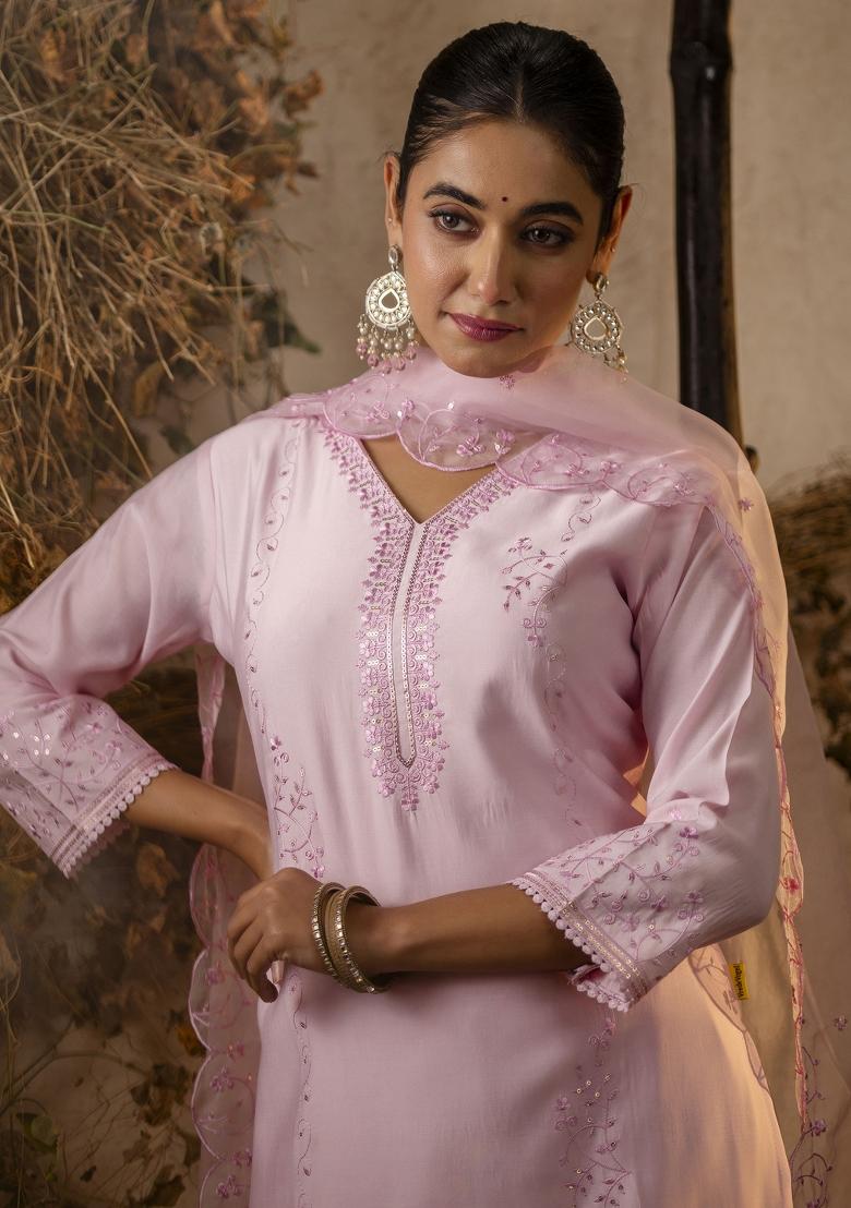 Pink Embroidered Viscose Salwar Kameez With Dupatta