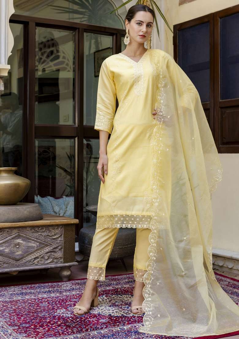 Yellow Embroidered Viscose Straight Kurta Set - Indya