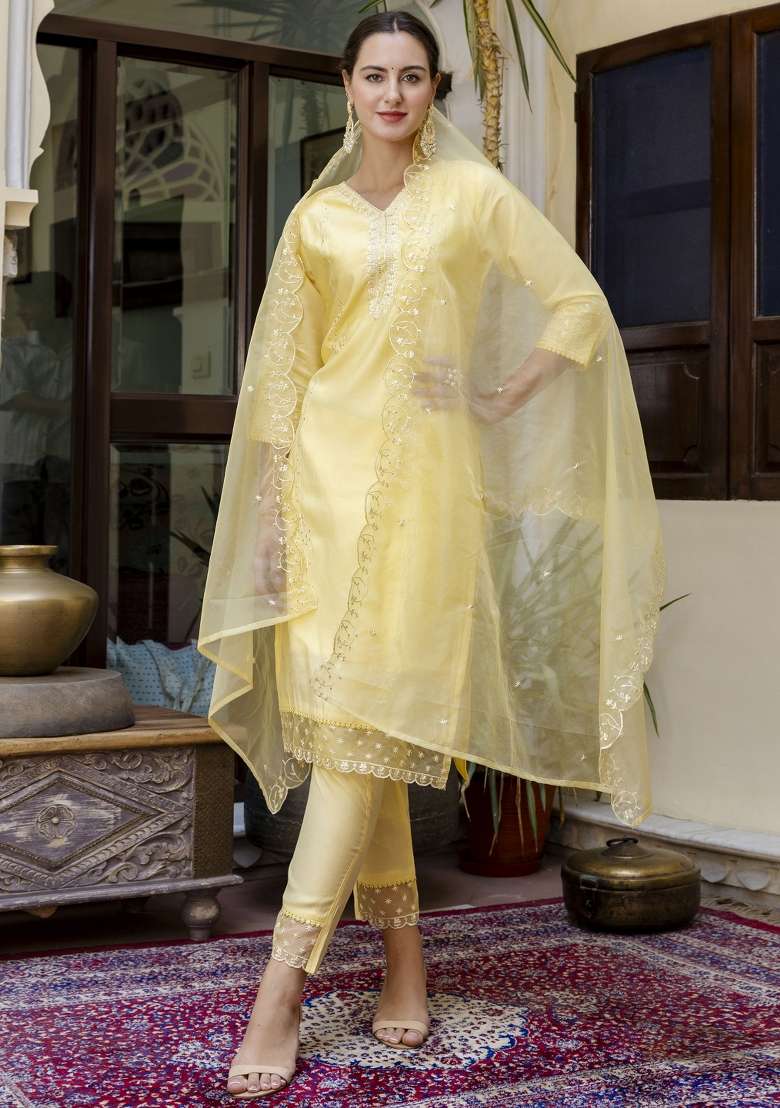 Yellow Embroidered Viscose Straight Kurta Set - Indya
