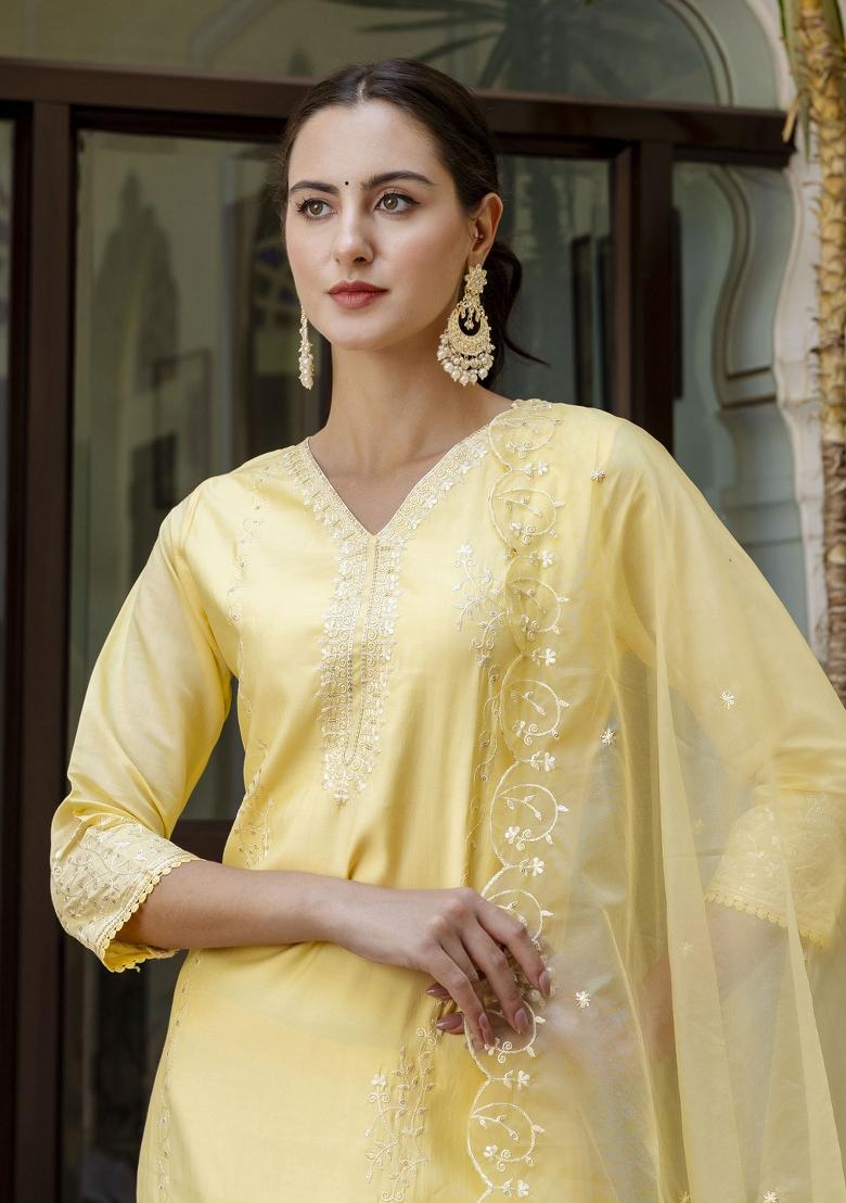 Yellow Embroidered Viscose Salwar Kameez With Dupatta