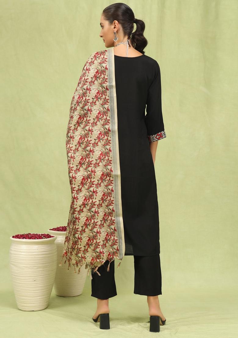 Black Embroidered Viscose Salwar Kameez With Dupatta