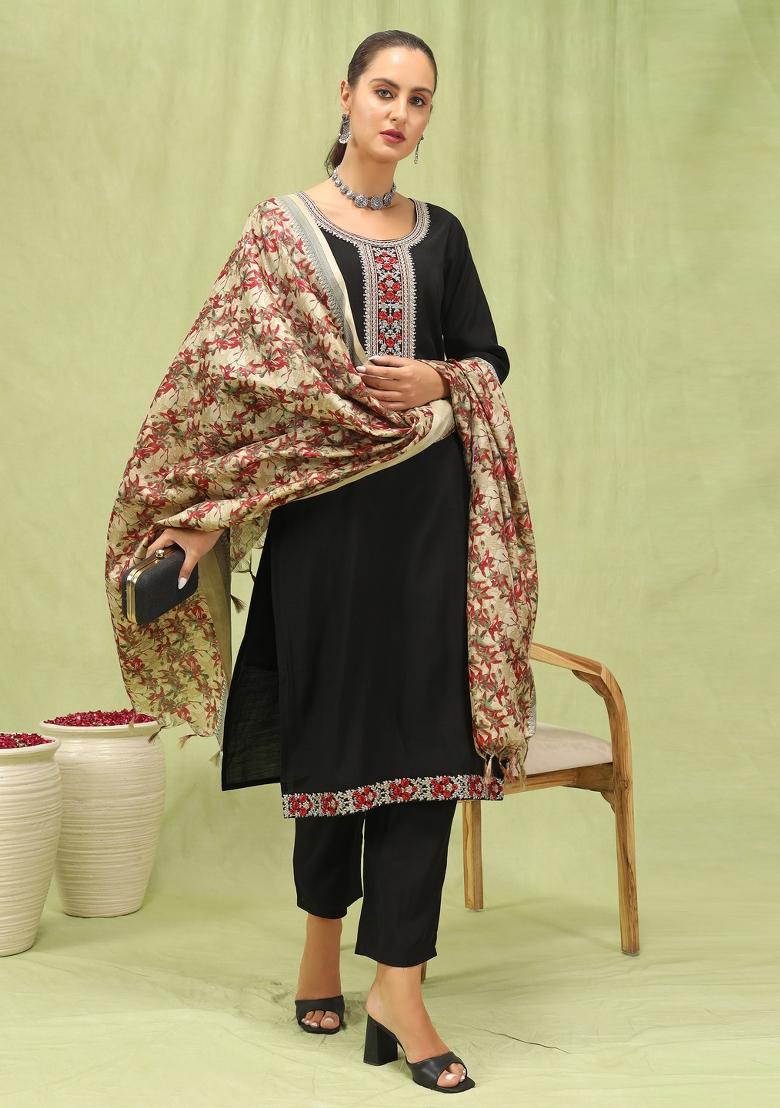Black Embroidered Viscose Salwar Kameez With Dupatta