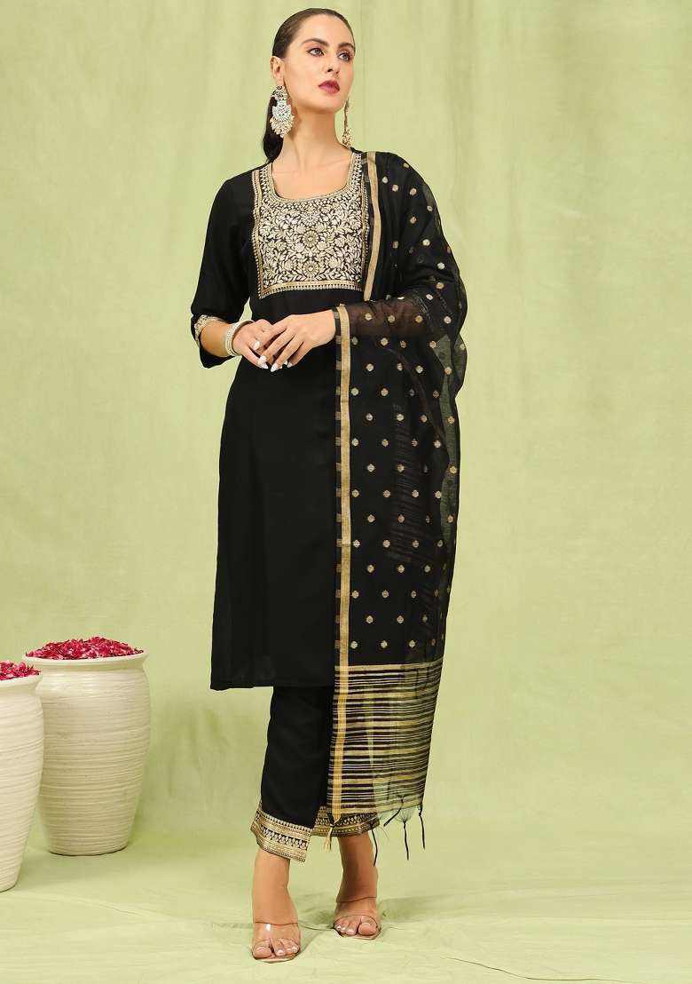 Black Embroidered Cotton Straight Kurta Set - Indya
