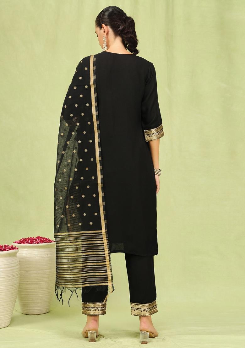 Black Embroidered Cotton Blend Salwar Kameez With Dupatta