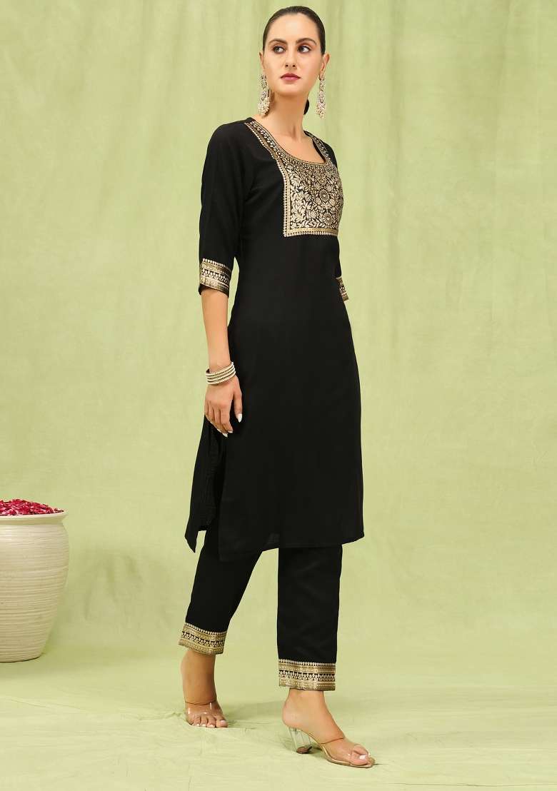 Black Embroidered Cotton Straight Kurta Set - Indya