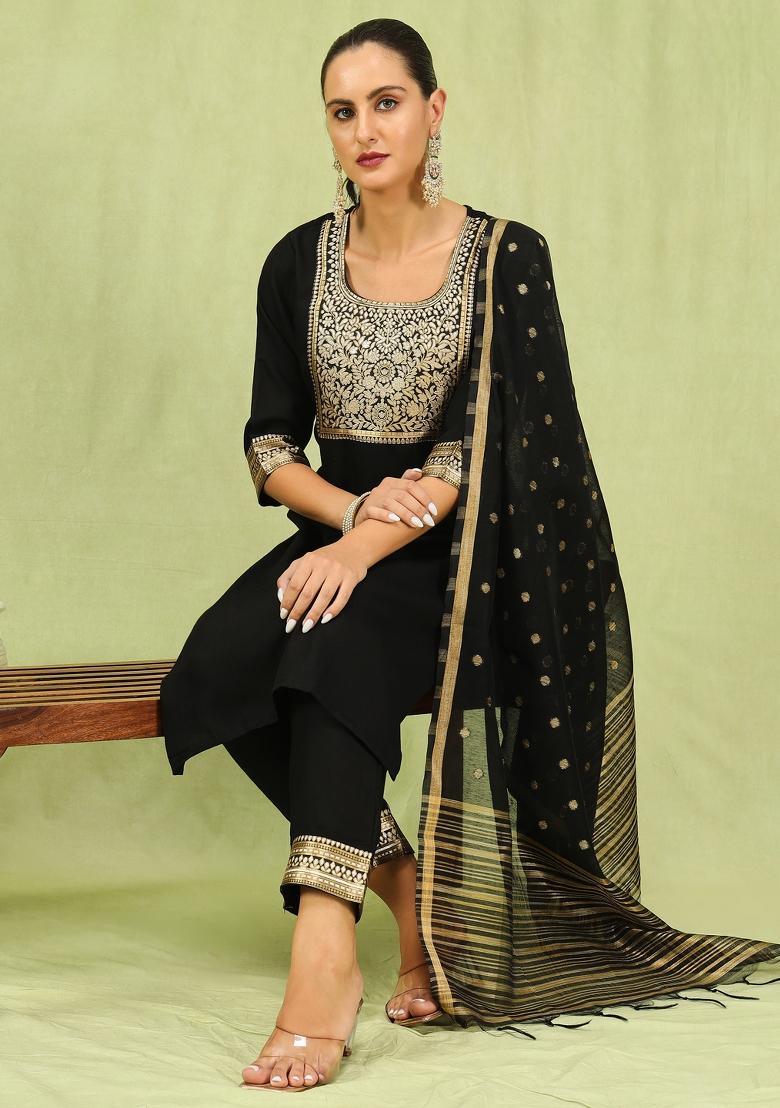 Black Embroidered Cotton Blend Salwar Kameez With Dupatta