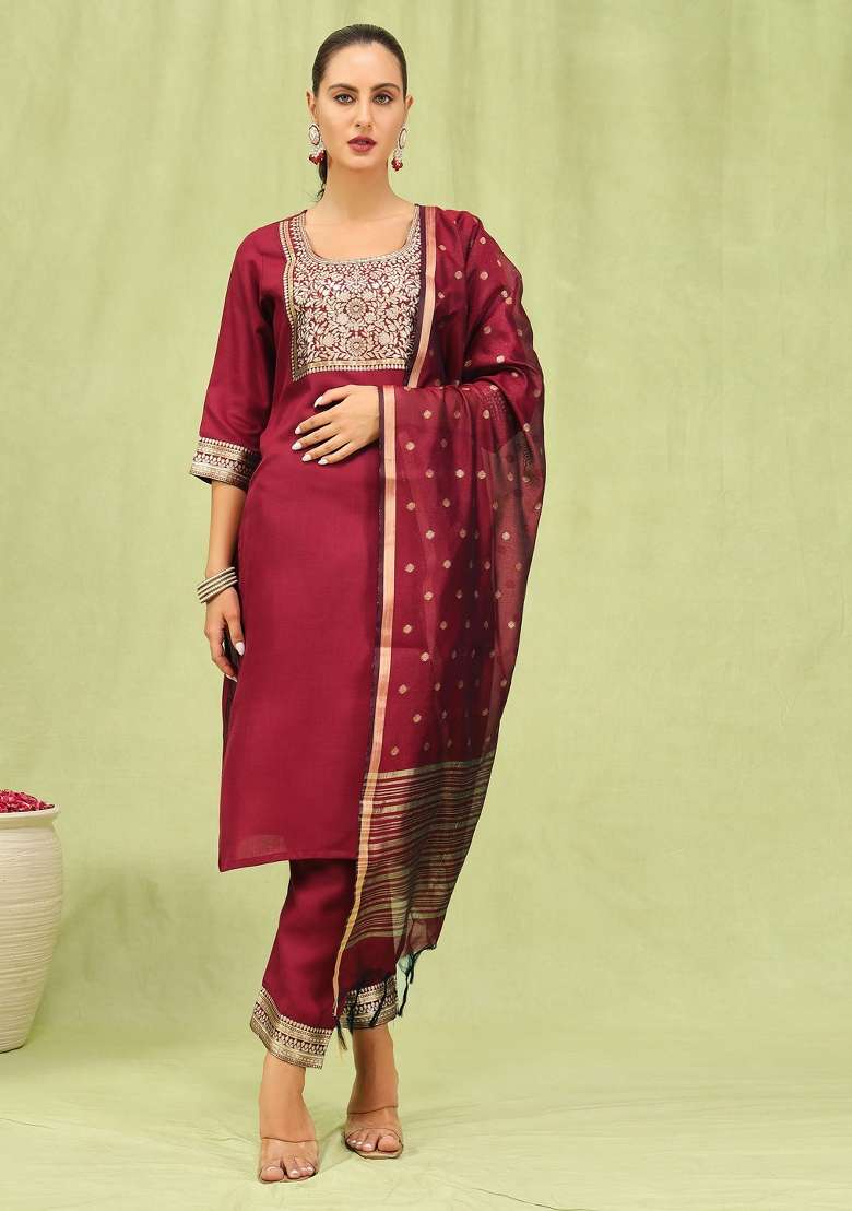 Maroon Embroidered Cotton Straight Kurta Set - Indya