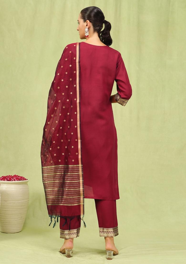 Maroon Embroidered Cotton Blend Salwar Kameez With Dupatta