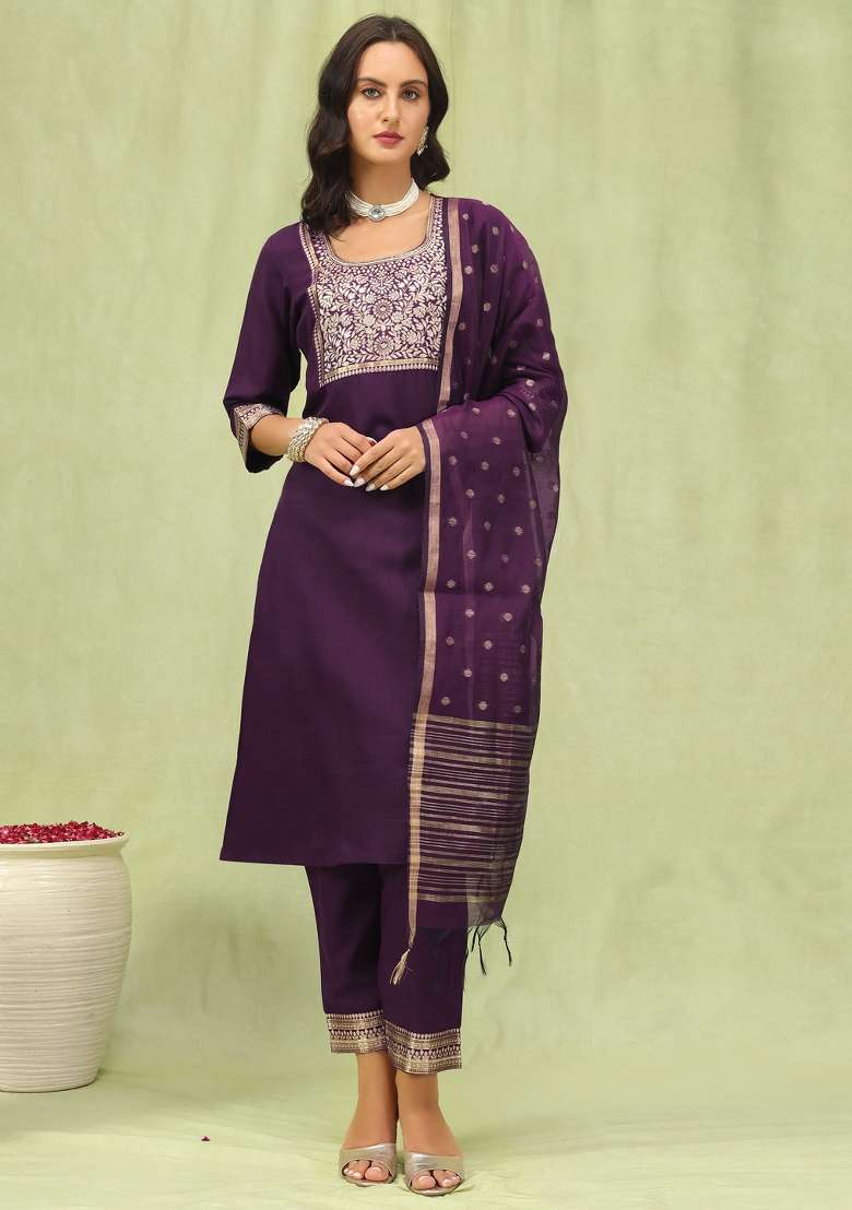 Purple Embroidered Cotton Straight Kurta Set - Indya