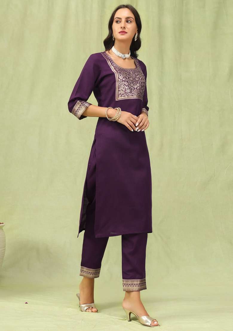 Purple Embroidered Cotton Straight Kurta Set - Indya