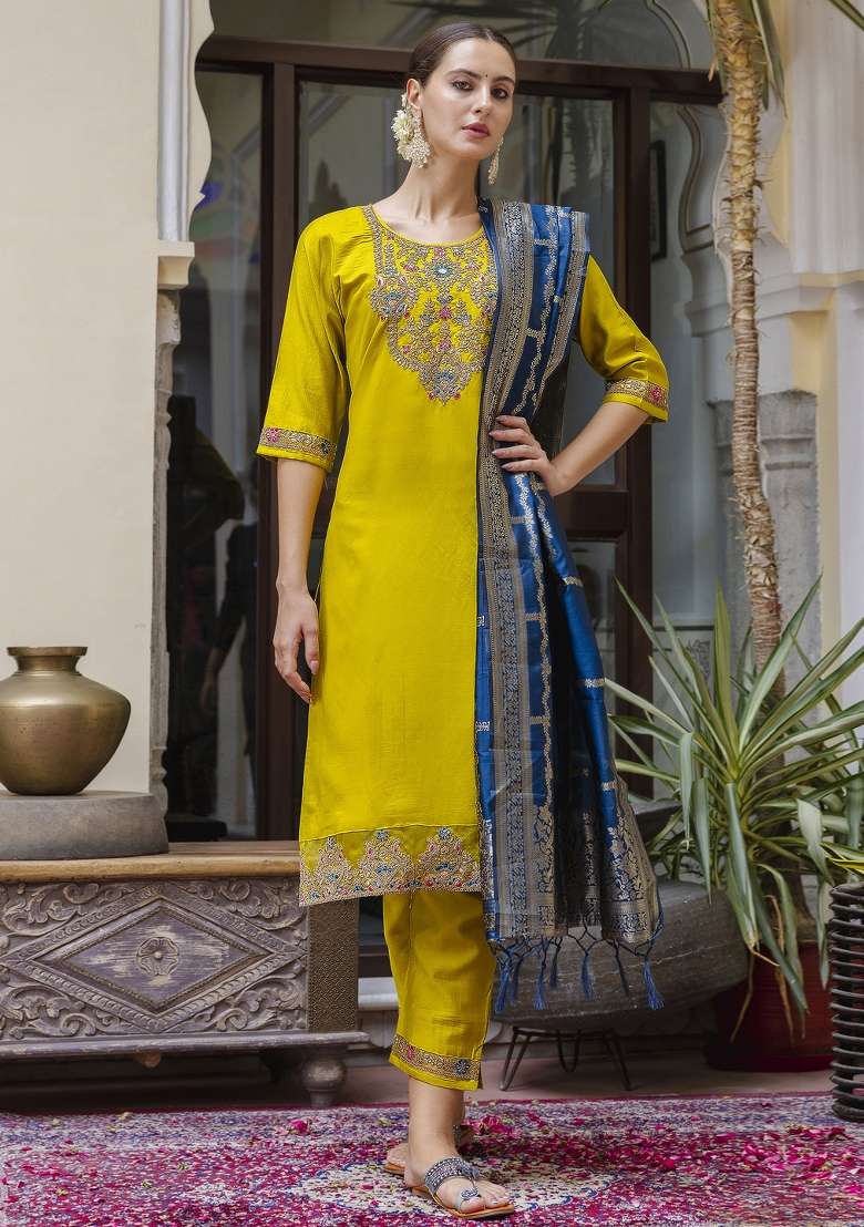 Yellow Embroidered Viscose Straight Kurta Set - Indya