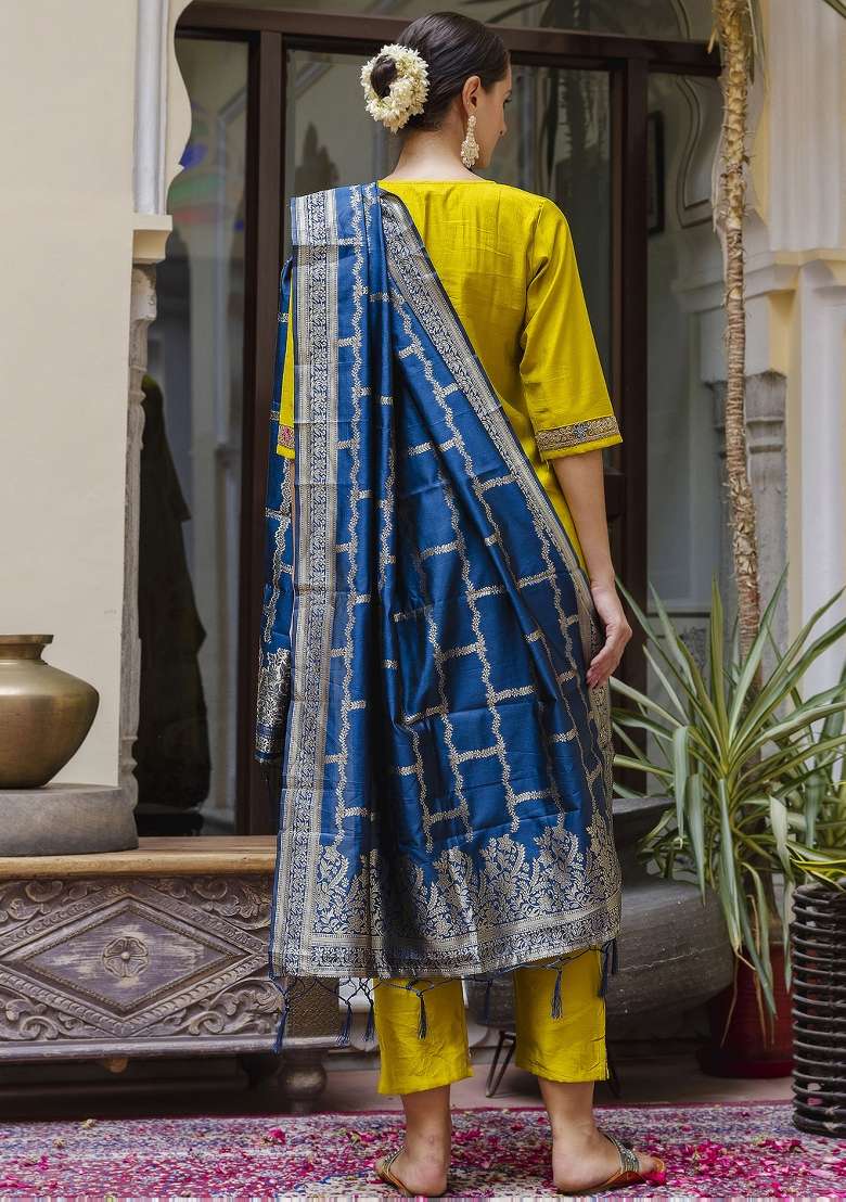 Yellow Embroidered Viscose Straight Kurta Set - Indya
