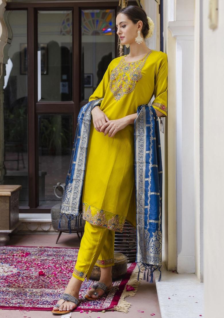 Yellow Embroidered Viscose Salwar Kameez With Dupatta