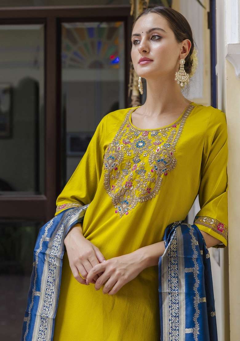 Yellow Embroidered Viscose Straight Kurta Set - Indya