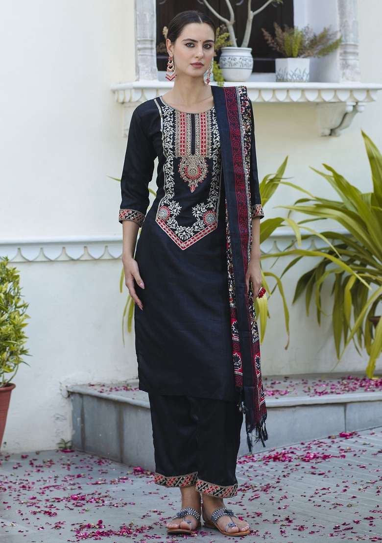 Black Embroidered Silk Blend Straight Kurta Set - Indya