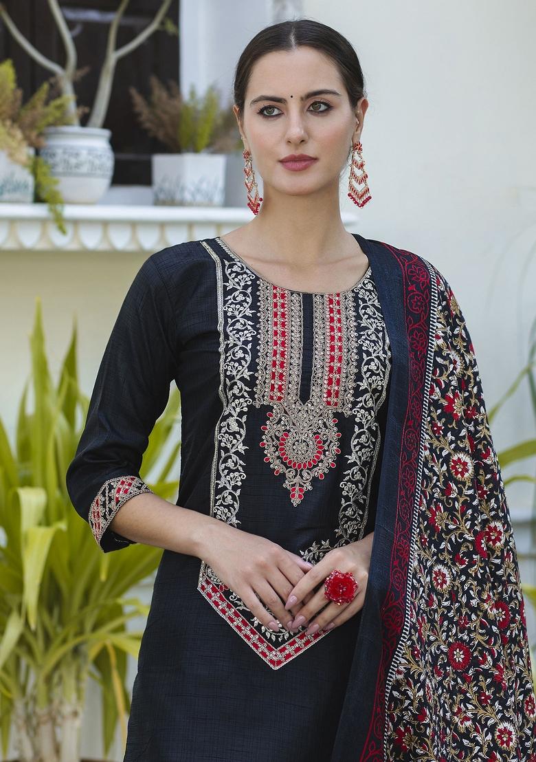 Black Embroidered Silk Blend Salwar Kameez With Dupatta