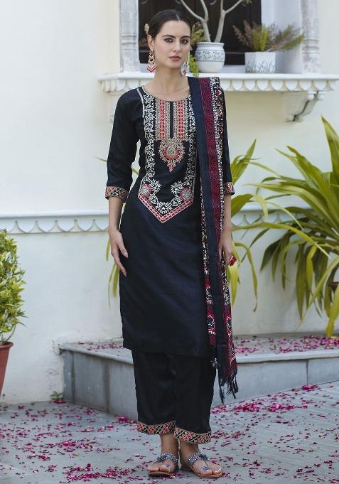 Black Embroidered Silk Blend Salwar Kameez With Dupatta