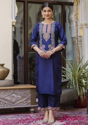 Blue Embroidered Silk Blend Salwar Kameez With Dupatta