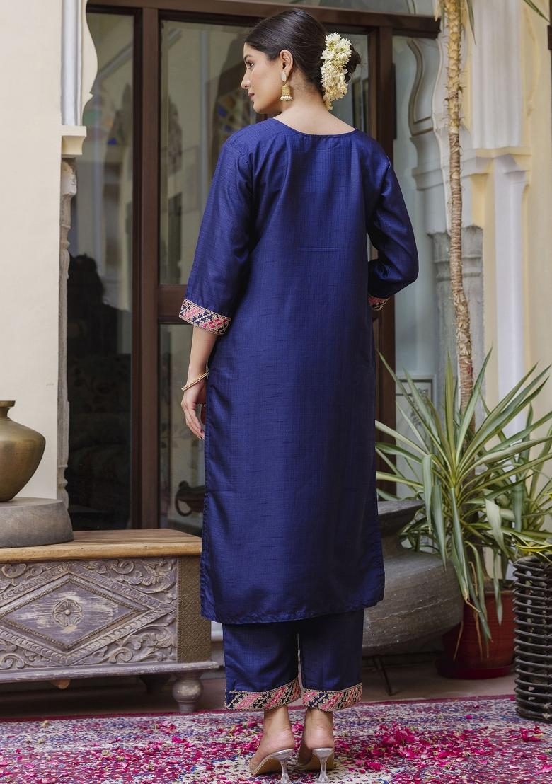 Blue Embroidered Silk Blend Salwar Kameez With Dupatta