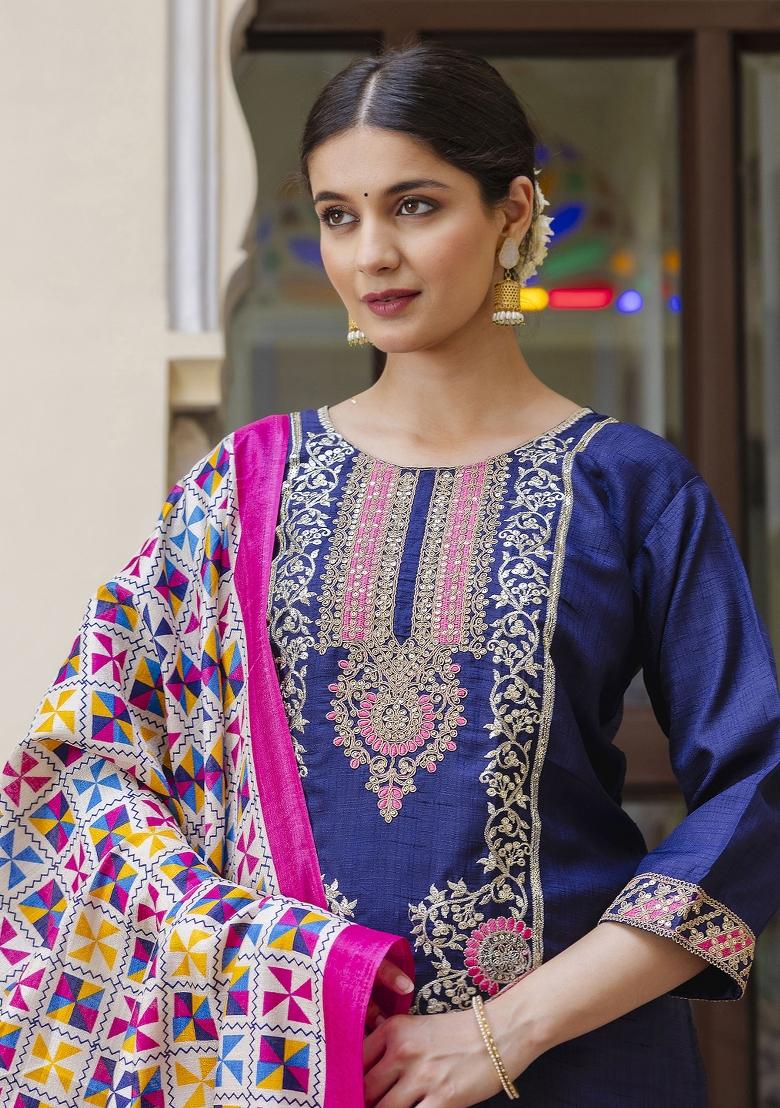 Blue Embroidered Silk Blend Salwar Kameez With Dupatta