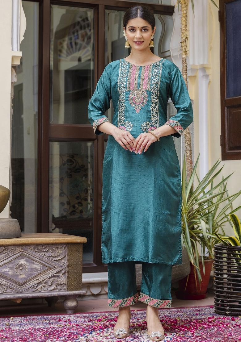 Rama Blue Embroidered Silk Blend Salwar Kameez With Dupatta