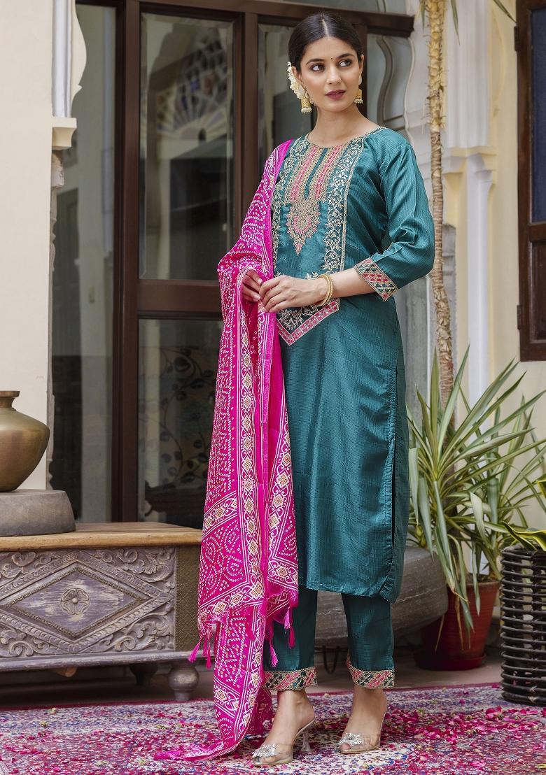 Rama Blue Embroidered Silk Blend Salwar Kameez With Dupatta