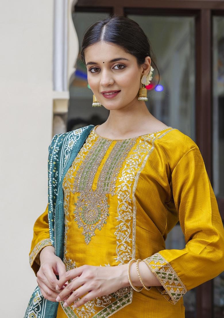 Yellow Embroidered Silk Blend Salwar Kameez With Dupatta
