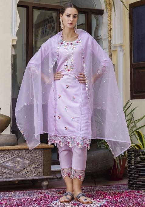 Lavender Embroidered Viscose Straight Kurta Set