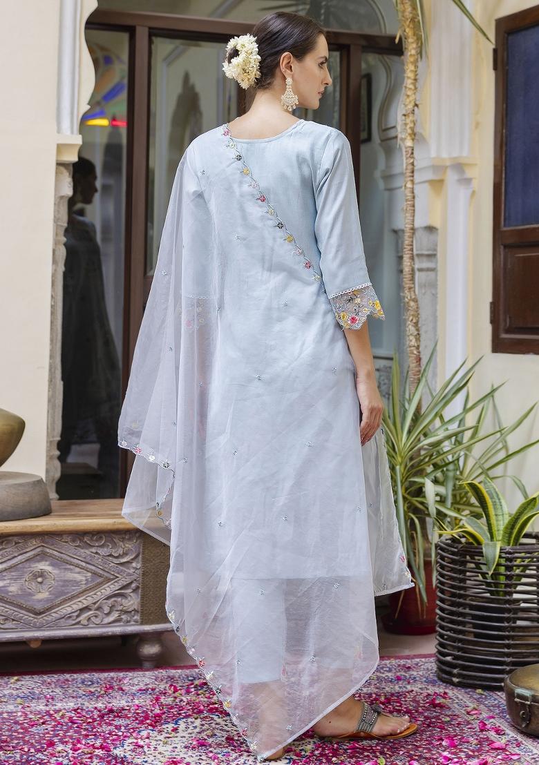 Sky Blue Embroidered Viscose Salwar Kameez With Dupatta