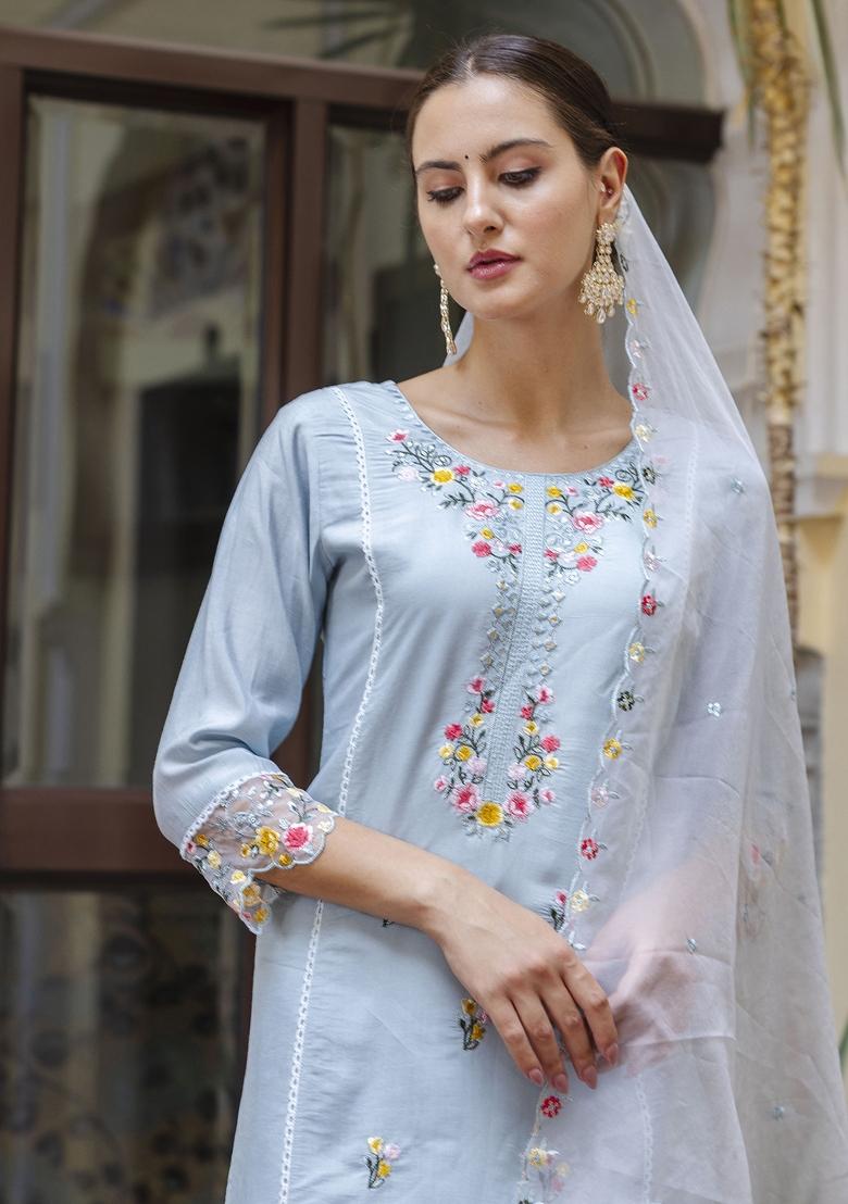 Sky Blue Embroidered Viscose Salwar Kameez With Dupatta