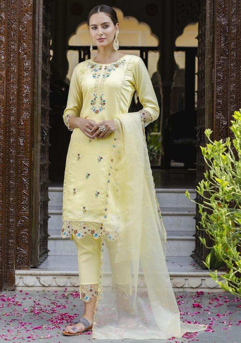 Yellow Embroidered Viscose Salwar Kameez With Dupatta