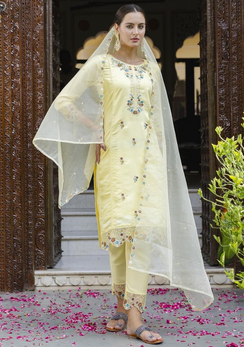 Yellow Embroidered Viscose Salwar Kameez With Dupatta