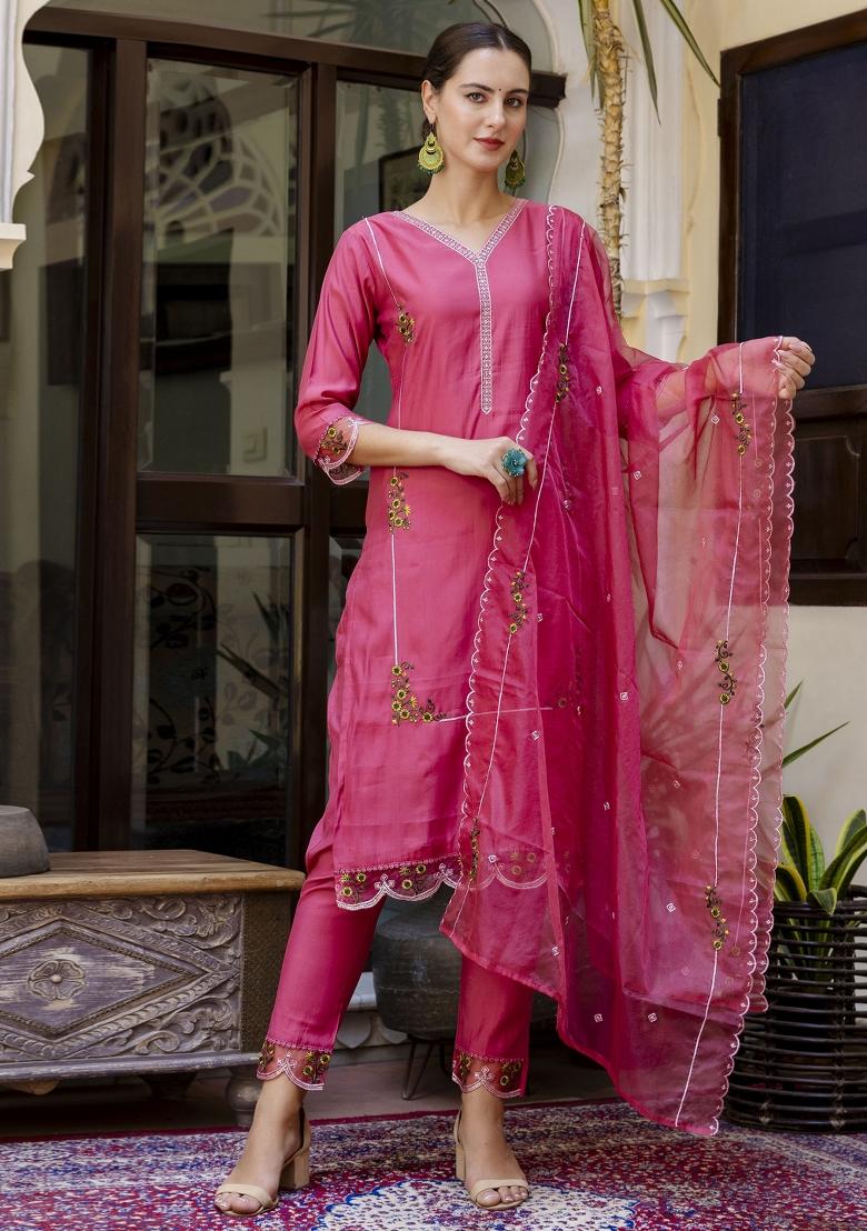 Pink Embroidered Viscose Salwar Kameez With Dupatta