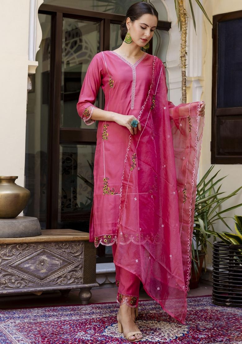 Pink Embroidered Viscose Salwar Kameez With Dupatta