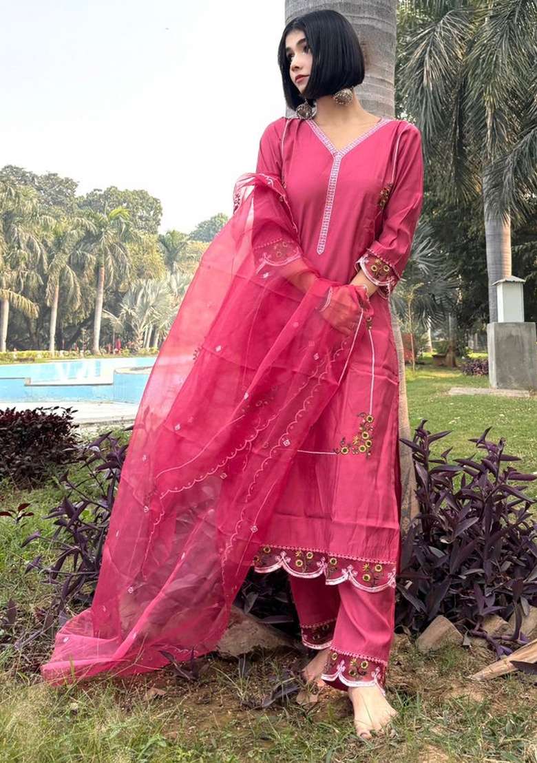 Pink Embroidered Viscose Straight Kurta Set - Indya