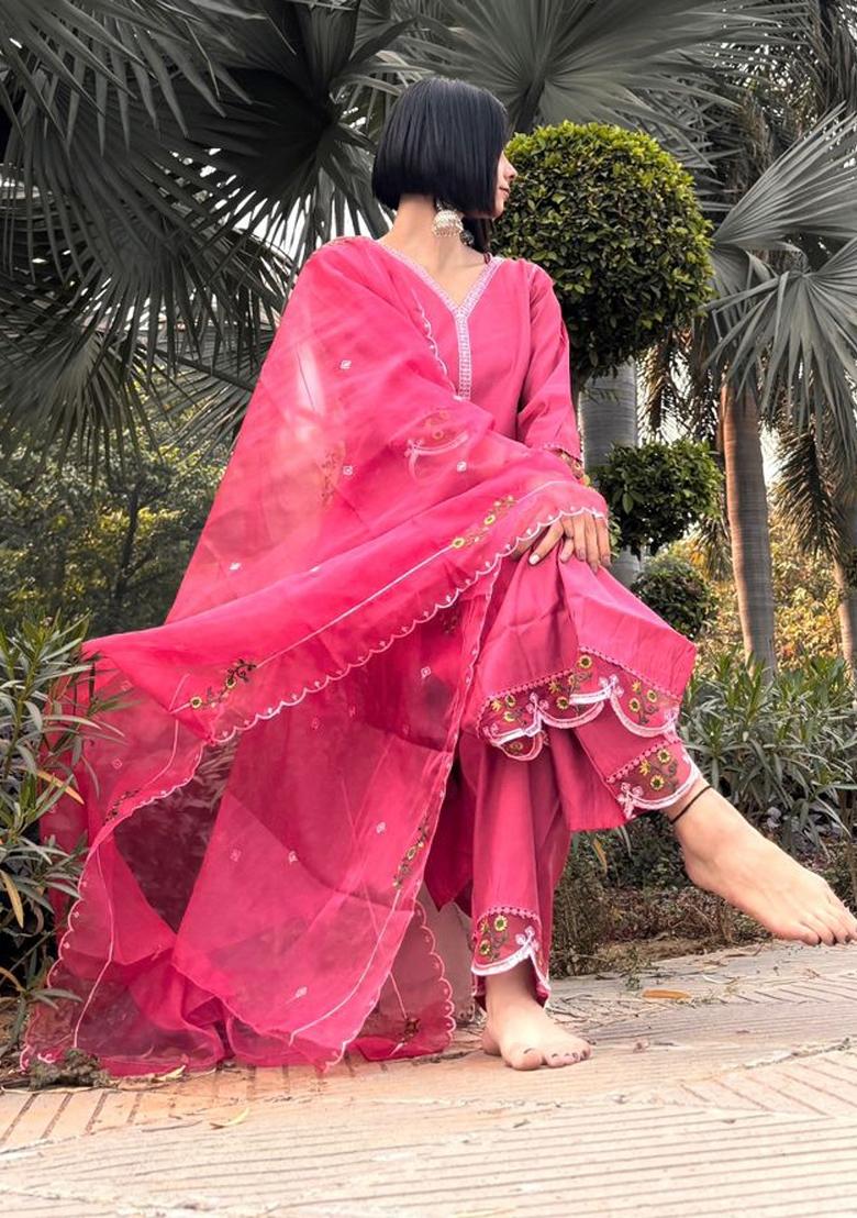 Pink Embroidered Viscose Salwar Kameez With Dupatta