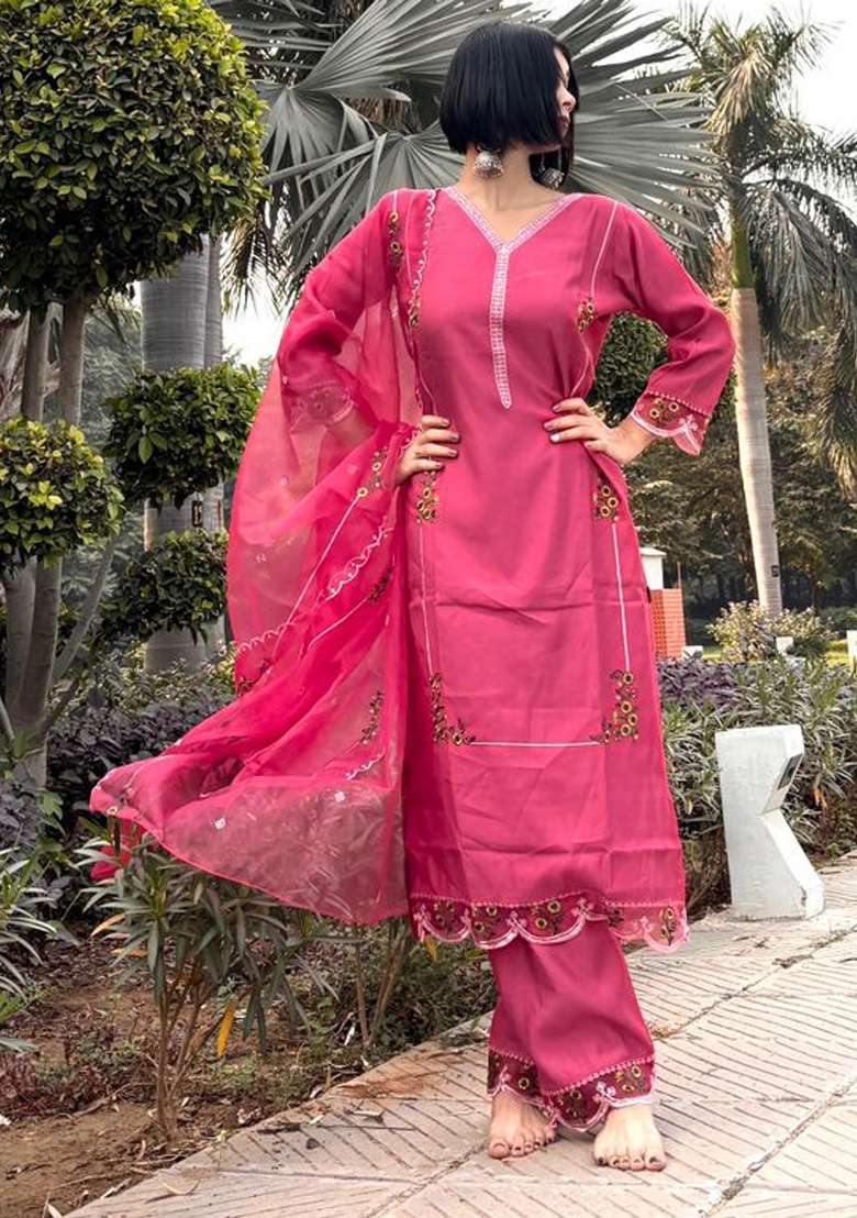 Pink Embroidered Viscose Straight Kurta Set - Indya