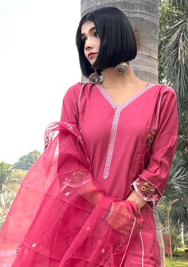 Pink Embroidered Viscose Salwar Kameez With Dupatta