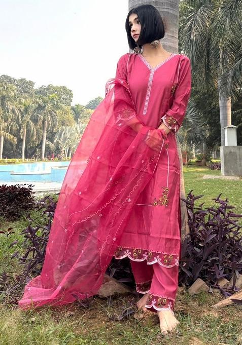 Pink Embroidered Viscose Salwar Kameez With Dupatta