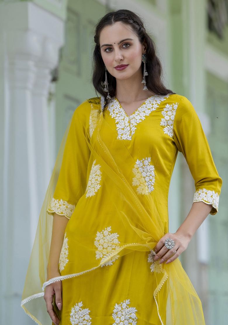 Lemon Yellow Embroidered Silk Blend Salwar Kameez With Dupatta